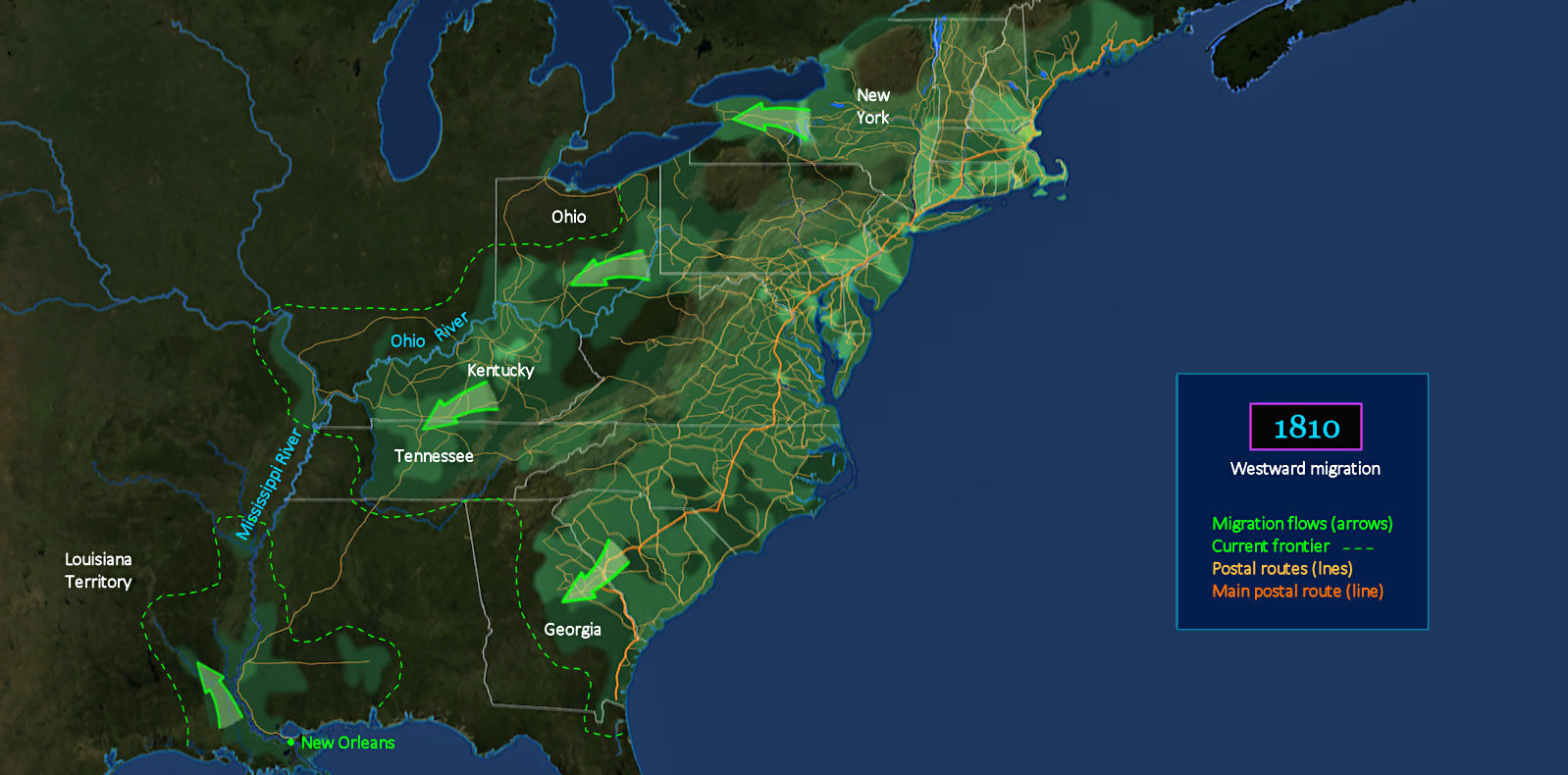 Westward migration, mail routes, 1810 map